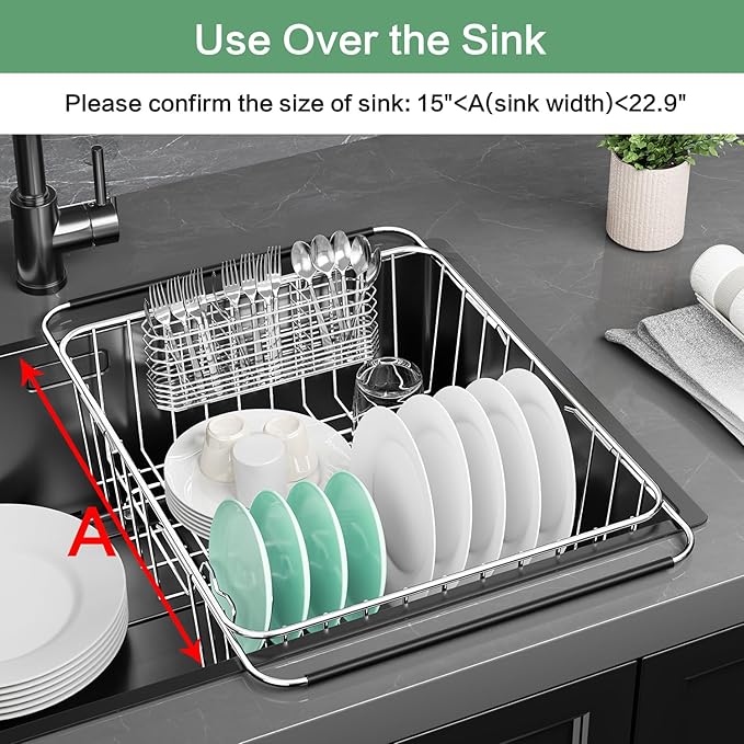 SwetLao Large Sink Dish Drying Rack, Expandable 304 Stainless Steel Metal Dish Drainer Rack Organizer Shelves with Stainless Steel Utensil Holder Over Inside Sink, Rustproof