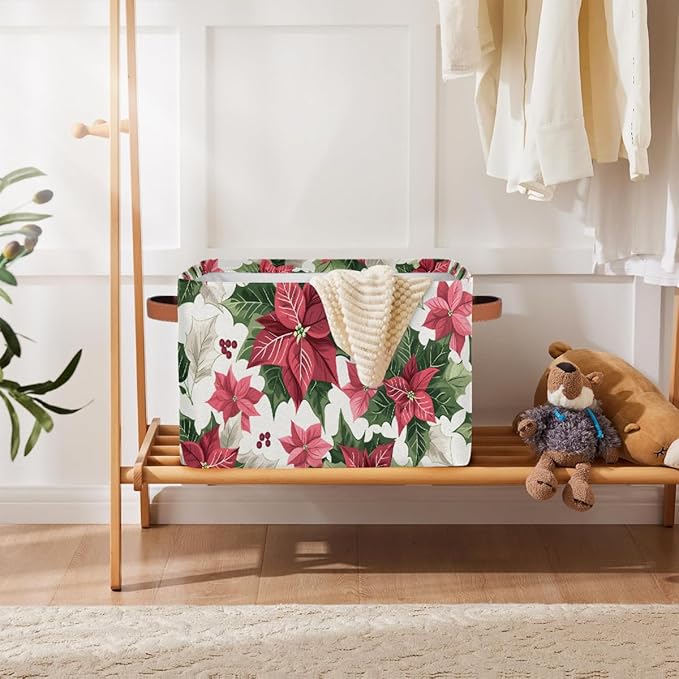 Storage Baskets Bin, Christmas Winter Poinsettia Collapsible Canvas Fabric Storage Bin Decorative Baskets Toy Organizer Rectangle Storage Boxes with Handles for Home Shelves Nursery, J-002