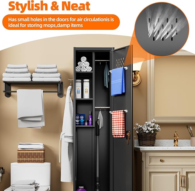 Aobabo 72" H Broom Closet Storage Cabinet, Lockable Metal Cleaning Storage Cabinet with Hooks for Home,Assembly Required, Black