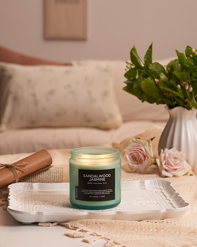 M&SENSE Sandalwood Jasmine Scented Candle, 11.6oz 70 Hours Burn Time Clean Non Toxic Natural Soy Wax Candle 2 Cotton Wick Home Decor for Mothers Day & Bathroom Bedroom