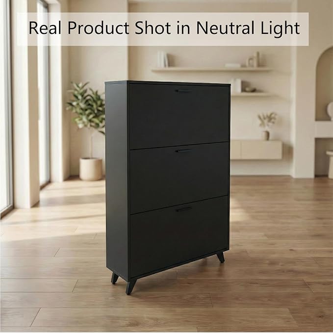 Black Shoe Storage Cabinet - Fit up to Size 16, 3 Flip Drawers, Wooden Organizer for Entryway, Closet, Living Room