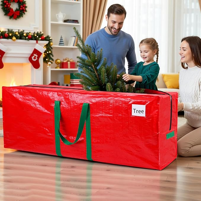 Christmas Tree Storage Bag, Christmas Tree Bag Fits Up to 9 Ft Artificial Xmas Trees, Heavy Duty Material, Waterproof & Dual Zippers Christmas Tree Box for Trees, Decorations (Red)