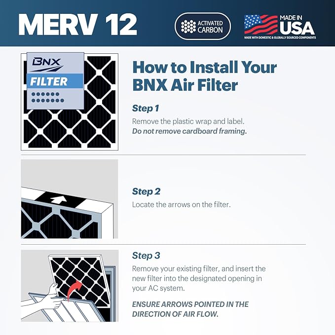 BNX TruFilter 18x20x1 MERV 12 Odor Defense (6-Pack) AC Furnace Air Filter with Activated Carbon - MADE IN USA - Pleated Air Conditioner HVAC AC Furnace Filters - Removes Odor, Mold, Bacteria, Smoke