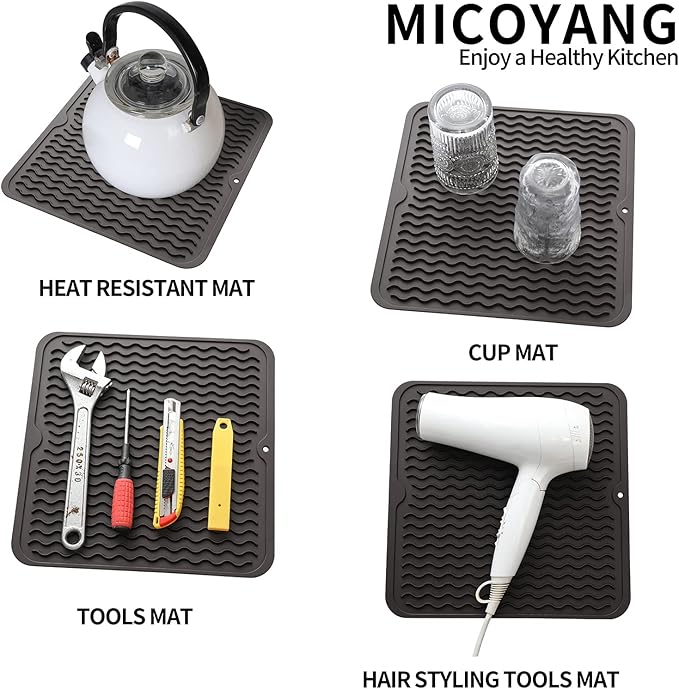 MicoYang Silicone Dish Drying Mat for Multiple Usage,Easy clean,Eco-friendly,Heat-resistant Silicone Mat for Kitchen Counter or Sink,Refrigerator or Drawer liner Coffee M 12 inches x 12 inches