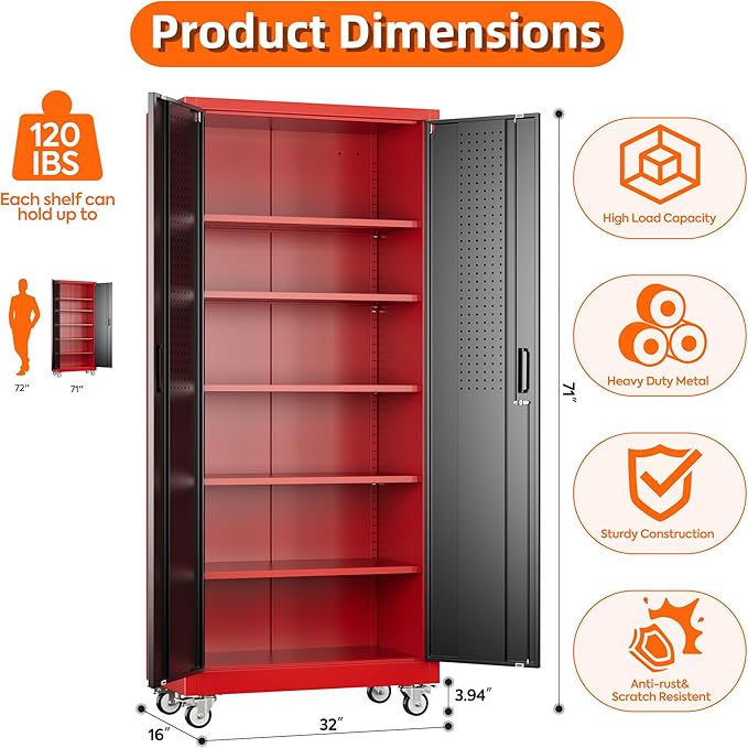 Garage Storage Cabinet with Wheels and Pegboard, 71" H x 32" W x 16" D Lockable Metal Storage Cabinet with 5 Adjustable Shelves and 2 Doors for Garage Home, Assembly Required, Black and Red