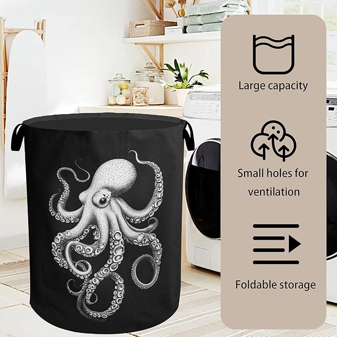 Black Octopus Laundry Basket - Heavy Duty 60L Dirty Clothes Organizer, Water Resistant Foldable Hamper for Men Women