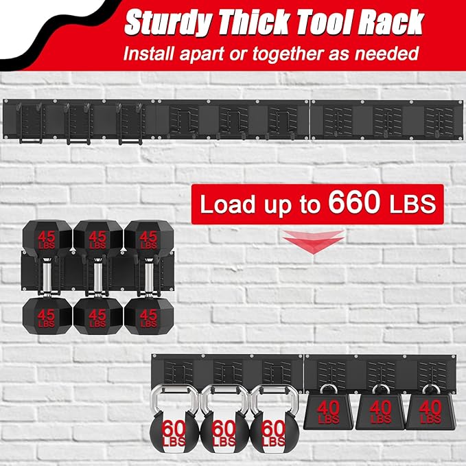 48 Inches Garage Organization,Wall Mount Garden Tool Organizer, 660lbs Adjustable Heavy Duty Metal Hanging Hooks, Garden Tool Hangers Storage Rack for Garage, Yard, and Shed (3 Racks, 9 Hooks)