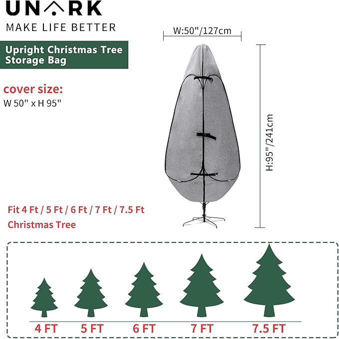 Upright Christmas Tree Storage Bag 7.5 Ft, Artificial Christmas Tree Storage Bag 6.5ft, Christmas Tree Cover for Upright Storage Fit 6 Ft / 6.5 Ft / 7 Ft / 7.5 Gray