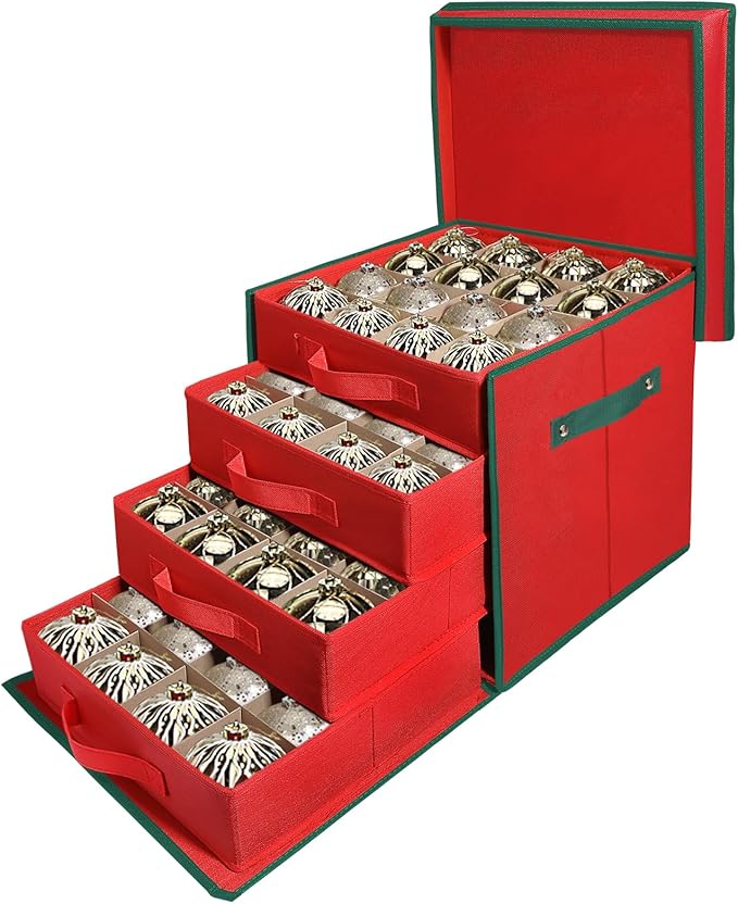 WDZREE Premium Large Christmas Ornament Storage,Box with Side Open, Drawer Style Trays - 3" Compartment, 4 Trays, Keeps 64 Holiday Ornaments -Made of Durable 600D Oxford Fabric Tear-Proof Material