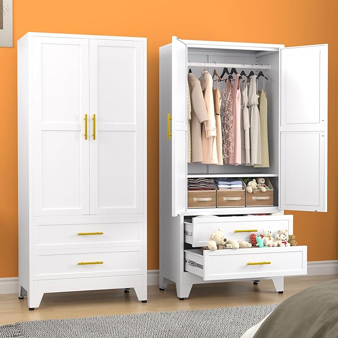 Metal Armoire Wardrobe Closet, 71 "Metal Clothing Storage Cabinet with Adjustable Shelves and Hanging Rod, Household Steel Wardrobe Storage Cabinet with Drawers (armoire-White)