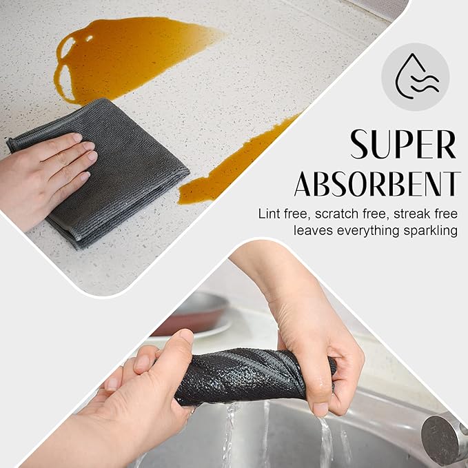 SINLAND Microfiber Cleaning Cloth Rag Super Absorbent Kitchen Dish Cloths Quick Dry No Streak Dish Rags Glass Cloths 12inchx12inch 12 Pack Grey