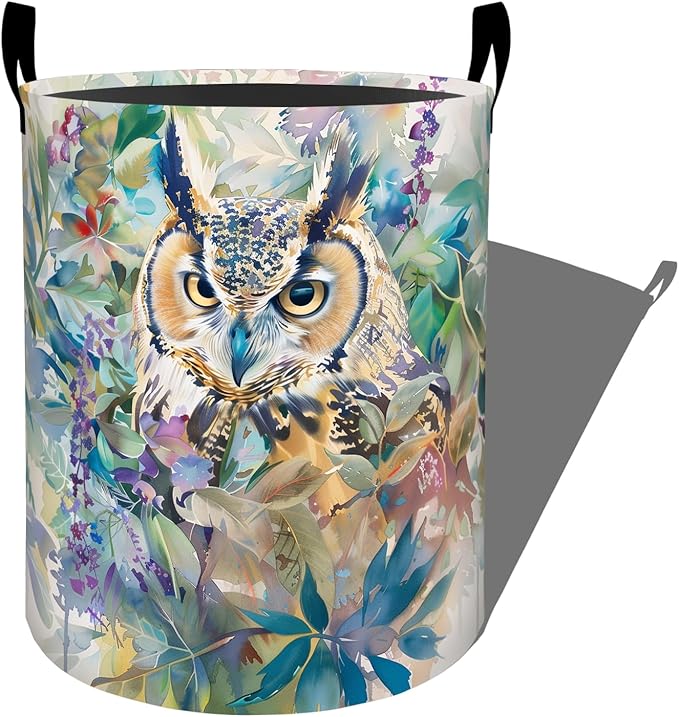 Watercolor Owl with Leaves Flowers Laundry Basket with Handles, 19.7"x15.7" Clothes Foldable Laundry Hamper Organizer for Dorm Nursery Bedroom Bathroom Decor, Toy Storage Bin for Kids