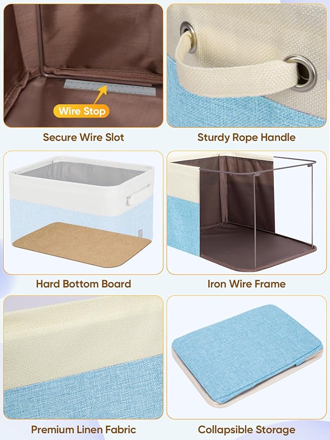 BALEINE 1 Pack Fabric Storage Bins for Shelves, Linen Storage Baskets for Organizing, Decorative Closet Bins for Clothes, Home (Skyblue, 17''x13''x10.5'')