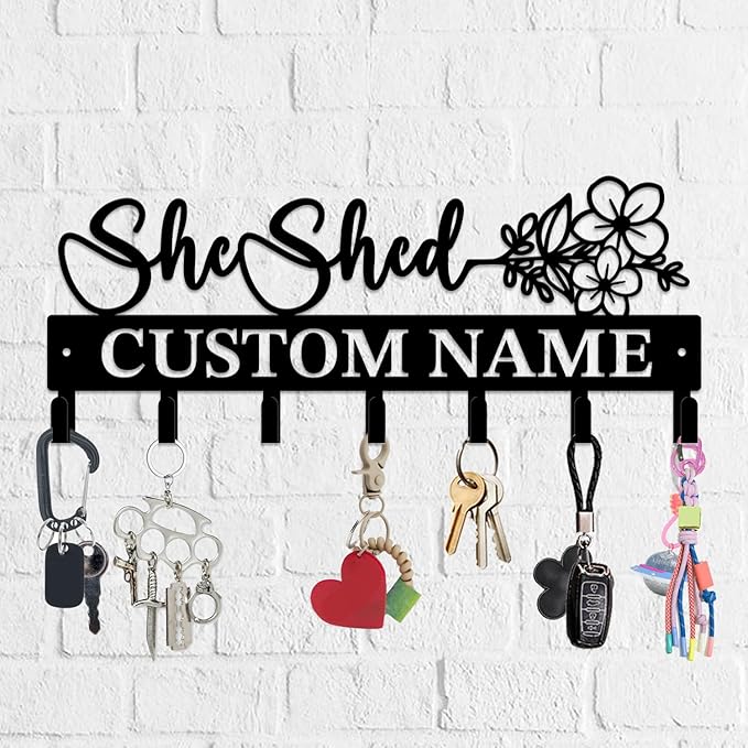 Personalized She Shed Metal Keys Hooks,Custom Name Metal She Shed Keys Hooks,Black Metal She Shed Wall Home Storage Decorative Keys Hooks,Key Holder Hooks for Wall (Style E)
