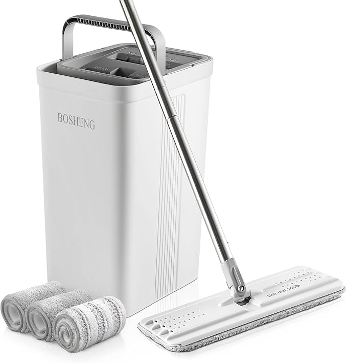 BOSHENG Mop and Bucket with Wringer Set, Flat Floor Mop and Bucket, with 3 Microfiber Mops for Floor Cleaning, Wet and Dry Use for Household Cleaning - White