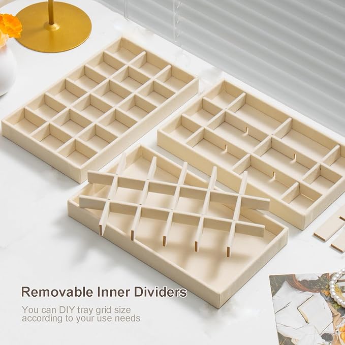 SPAKOWN Jewelry Drawer Organizer Inserts Set of 9, Jewelry Trays for Drawers Velvet Jewelry Organizer Tray Drawer Jewelry Organizers and Storage for Earring Ring Necklace Watch Bracelet (Beige)