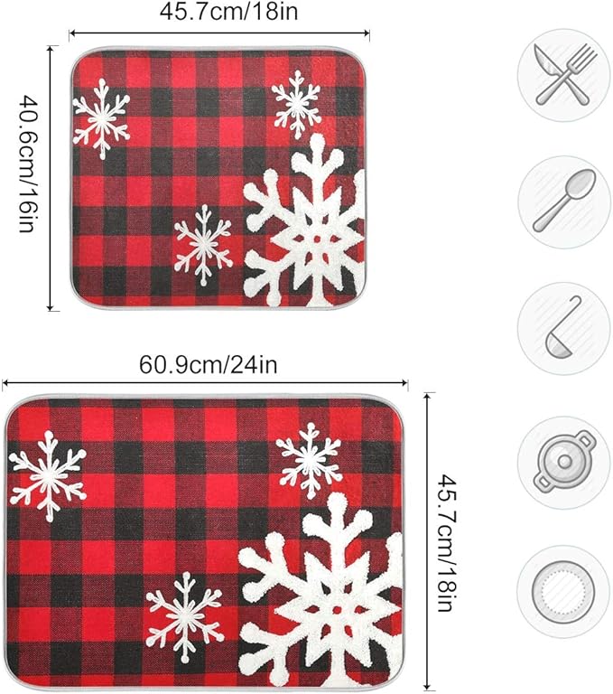 Christmas Red Plaid Snow Snowflake Dish Drying Mat 18x24 inch Red Black Lattice Texture Dish Drainer Kitchen Counter Mats Bottles Dish Dry Pad Protector for Kitchen Countertops