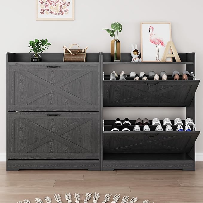 Shoe Cabinet with 2 Flip Drawers & Adjustable Shelf,Wood Shoe Organizer,Freestanding Hidden Shoe Storage Cabinet for Entryway,Hallway (Black)