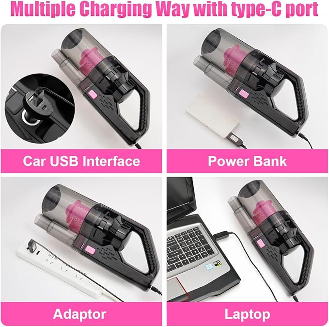 Viewsun Car Vacuum Cordless Rechargeable, 8000PA High Power Handheld Vacuum Cleaner with 17PCS Car Cleaning Kit, Pink Auto Accessories for Women Gift