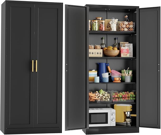 CJF Black Kitchen Pantry Cabinet,71 Inch Tall Metal Storage Cabinet with 4 Adjustable Shelves and Doors, Freestanding Pantry Cabinet for Kitchen, Living Room, Dining Room, Bathroom, Easy to Assemble