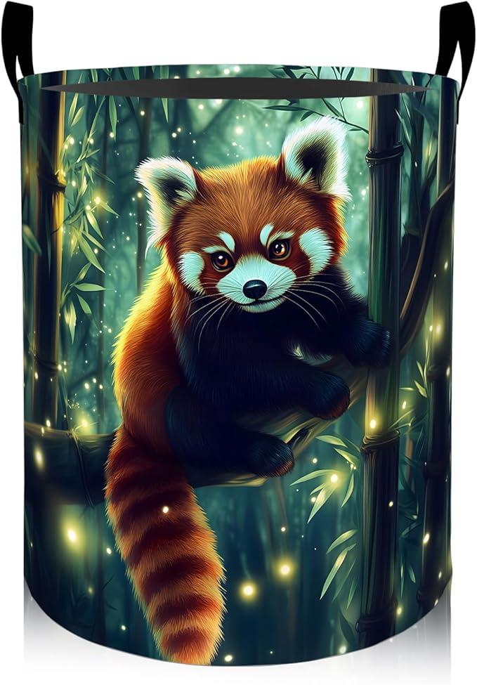 Enchanted Red Panda in Forest Laundry Basket 19.7"x15.7", Collapsible Dirty Clothes Waterproof Cute Animal Laundry Hamper Organizer Toy Storage Bin for Dorm Nursery Bathroom Decor