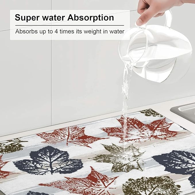 Blue Red Maple Leaves Dish Drying Mat 18x24 For Kitchen Counter Absorbent Microfiber Dishes Pad Dish Drainer Rack Mats Fast Dry Kitchen Accessories