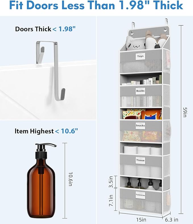 Optish Over The Door Organizer Hanging, 5 Shelf Behind The Doors Storage, Pantry Door Organizer, Closet Organizers for Bedroom and Nursery (Grey)