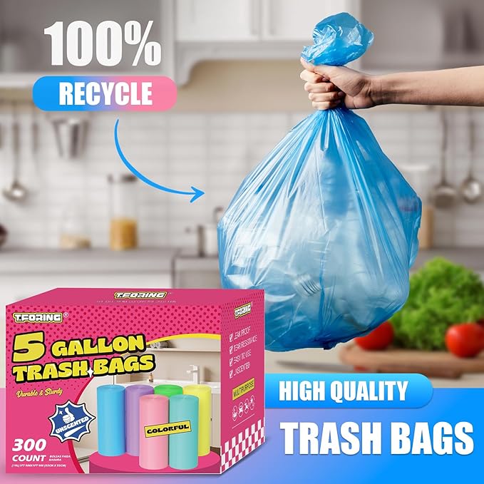 T.FORING 300 Count 5 Gallon Trash Bags - 18 Liter Colored Small Garbage Bags Unscented Wastebasket Liners 0.94 Mil Thick & Leakproof for Home Office Bedroom Bathroom