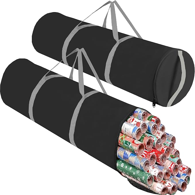 OUTTDID Christmas Wrapping Paper Organizer Storage, 41" Gift Wrapping Paper Storage Containers, 600D Oxford Fabric Gift Wrap Paper Holder Fits 18-25 Rolls, with Handles and Zippered, Black