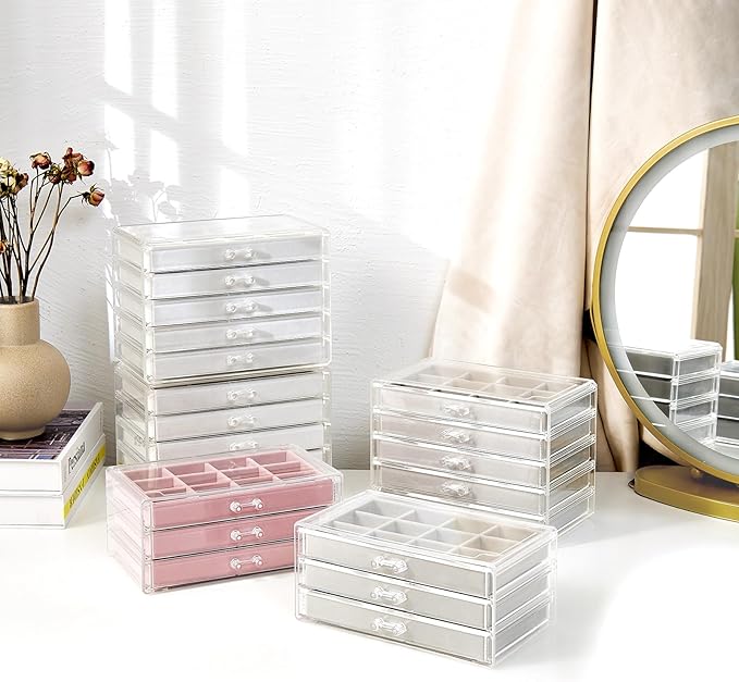 ProCase Earring Holder Organizer Jewelry Box with 3 Drawers, Acrylic Clear Earring Case with Adjustable Velvet Trays for Women - Warmwhite, 3 Layers