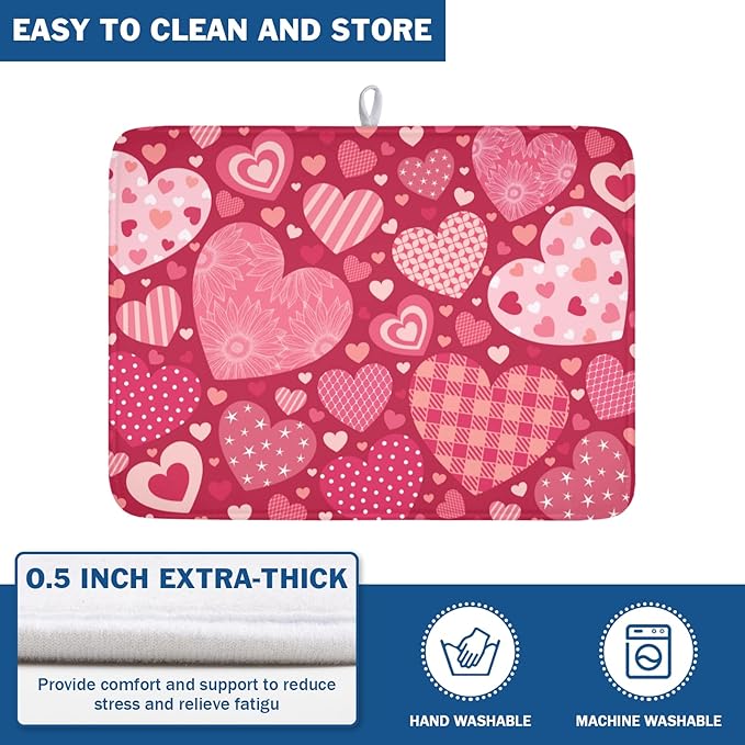 ABSOP Valentine's Day Dish Drying Mat 18 x 24 Inch Heart Shaped Pattern Dish Drying Pad Absorbent Microfiber Mats for Red Dish Rack Pad for Kitchen Counter Coffee Bar Decor