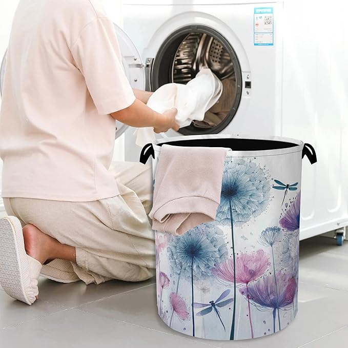 Dandelion Dragonfly Laundry Hamper,Dirty Clothes Laundry Basket with Handles Waterproof Oxford Cloth Storage Basket for College Dorms Bathroom Bedroom 16" x 20.8"