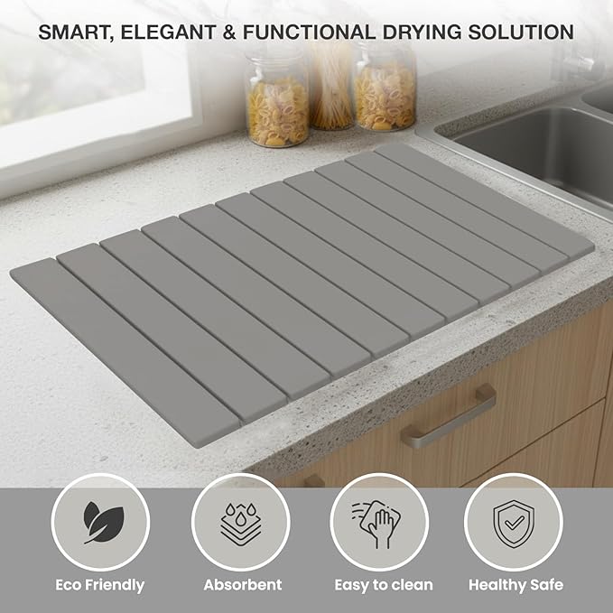 Large Stone Dish Drying Mat for Kitchen Counter, 24"x16", Fast Drying Collapsible, Diatomaceous Earth Mat, Super Absorbent Folding Mat for Dishes, Bottles, Glass, Heat-Resistant, Non-Slip (Light Gray)
