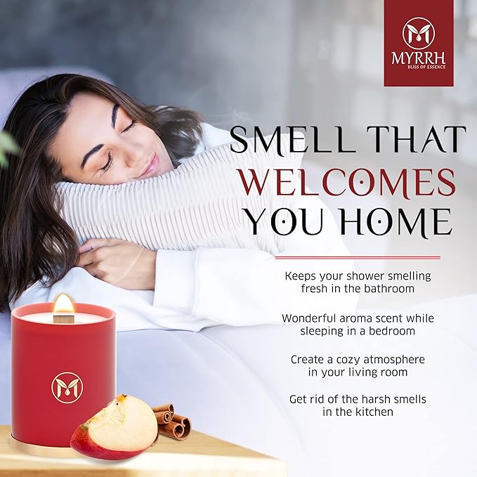 MyrrhUSA Apple Cinnamon Scented Candle – 15 oz Natural Soy Wax with Crackling Wooden Wick & Essential Oil | 80 Hour Burn | Luxury Aromatherapy Candle for Relaxation, Home Décor, Living Room & Bathroom