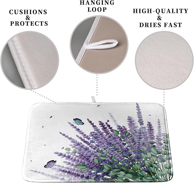 Kwlegh Purple Lavender Dish Drying Mat for Kitchen Counter Spring Summer Floral Microfiber Dish Drainer Mats Green Leaves Butterfly Absorbent Reversible Dish Drainer Rack Mat 16x18 Inch