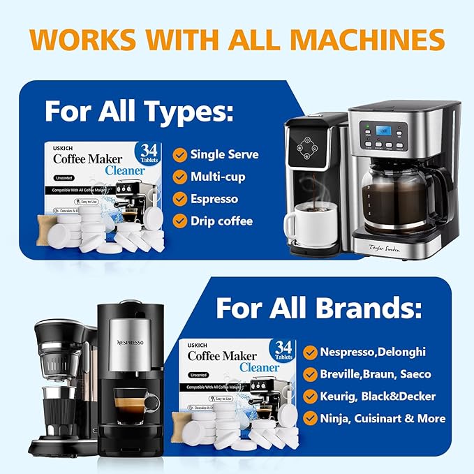 Coffee Machine Cleaner Descaler Tablets 34 Pack, Coffee Maker Cleaner for Keurig, Ninja, Breville, Delonghi, Nespresso, Miele,Espresso Machine Cleaning Tabs,Descaling Solution for Coffee Pot Maker