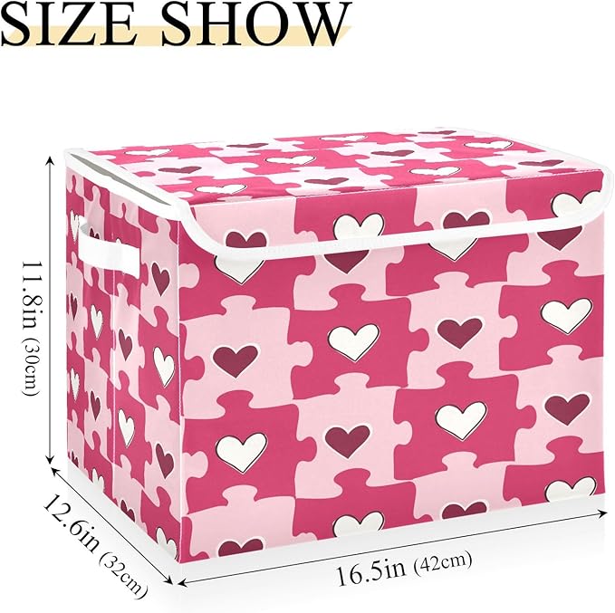 Bolaz Heart Shaped Love Puzzle Storage Bins with Lids and Handles, Foldable Storage Box Storage Basket with Cover Collapsible Organizer Containers for Home Closet, Shelves