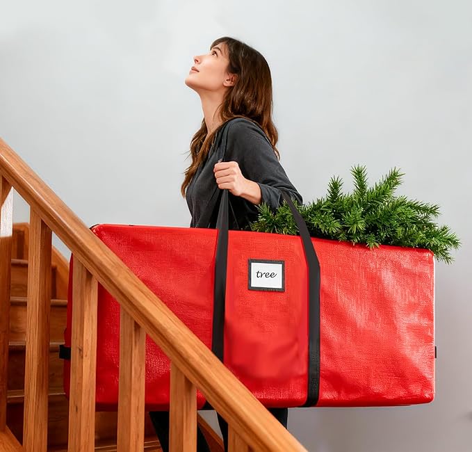 HABGP 7.5 ft Christmas Tree Storage Bag, Fits Artificial Xmas Holiday Tree, Durable Christmas Tree Storage Box Waterproof Material with Zippered Bag & Carry Handles, Protects from Dust, Moisture - Red