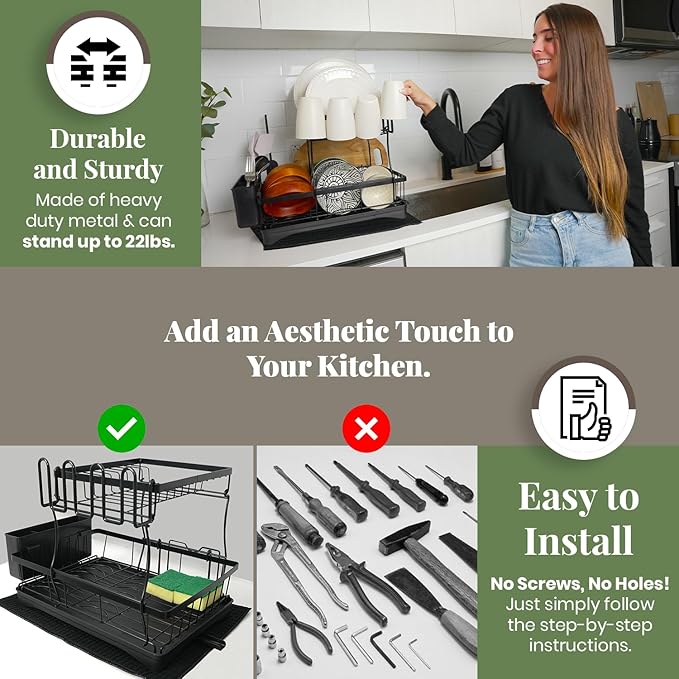 DINEST 2 Tier Dish Drying Rack with Drainboard – Rust Resistant Iron Kitchen Dish Rack with 270° Rotating Spout, Utensil & Plate Holders – Compact Drying Rack for Kitchen Counter - Black