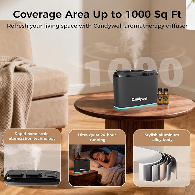 Dual-Scent Waterless Essential Oil Diffuser, Cold Air Diffuser for Home & Commercial Use, 1000 Sq Ft Coverage, APP Control, Quiet Operation, Night Light, Pet & Kid Friendly, Anti-Tilt Alarm