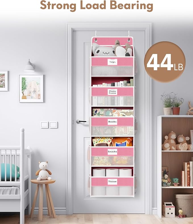 Optish Over The Door Organizer Hanging, 2 Pack 5 Shelf Behind The Doors Storage, Pantry Door Organizer, Closet Organizers for Bedroom and Nursery (Pink)