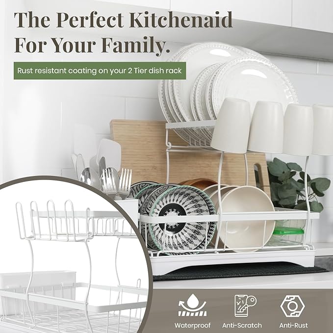 DINEST 2 Tier Dish Drying Rack with Drainboard – Rust Resistant Iron Kitchen Dish Rack with 270° Rotating Spout, Utensil & Plate Holders – Compact Drying Rack for Kitchen Counter - White