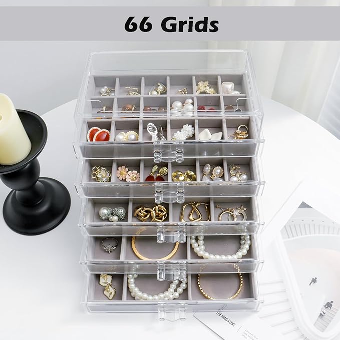Jewelry Organizer with 5 Drawers Clear Acrylic Earring Display Case Velvet Jewelry Storage Box Display Holder for Earring Ring Bracelet Necklace (Gray, 60 Grids)