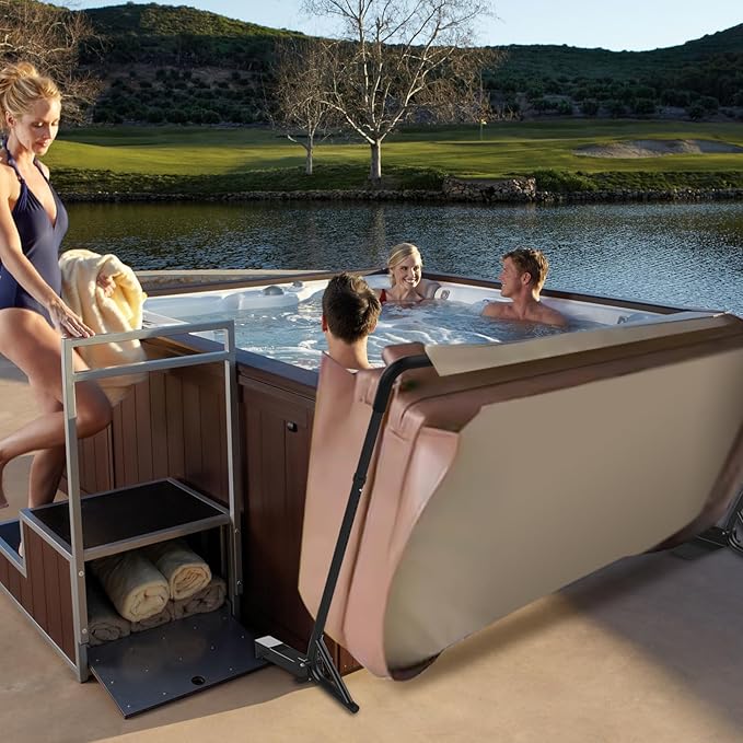 Spa Cover Lift, Under Mount Hot Tub Cover Lift Removal System Reinforced Bracket with 2 Top Mount Foam Cover, fits Most Hot Tub Sizes Spa Cover Lifts
