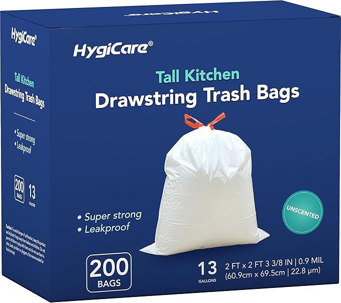 HygiCare 13 Gallon Tall Kichen Trash Bags, Unscented 200 Count Drawstring Garbage Bags, Pre-Separated, Ultra Strong, Leakproof, Sturdy, White