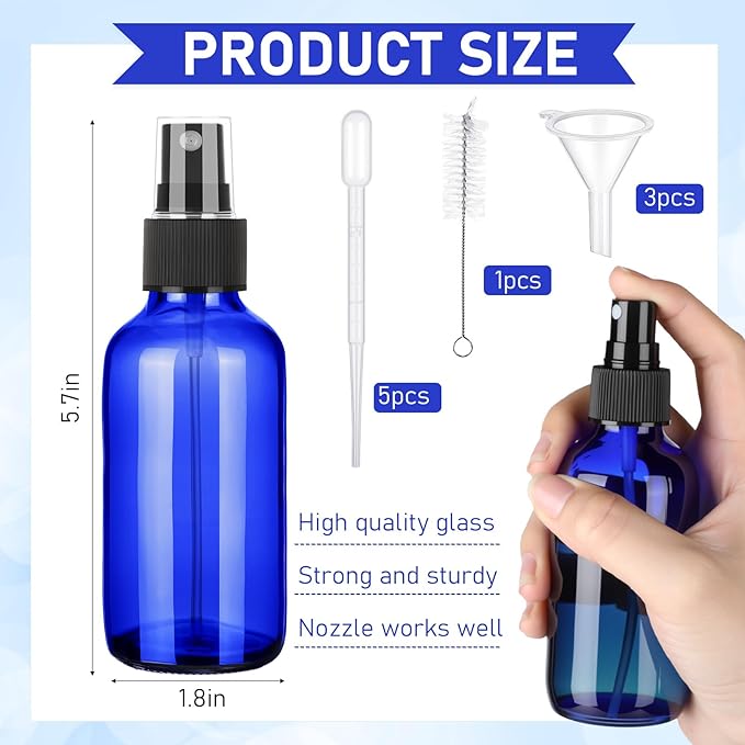 Nuogo 50 Pieces Mini Glass Spray Bottles Bulk 4 Oz Fine Mist Bottles with Funnel Dropper and Cleaning Brush Refillable for Essential Oils, Perfumes and Aromatherapy(Blue)