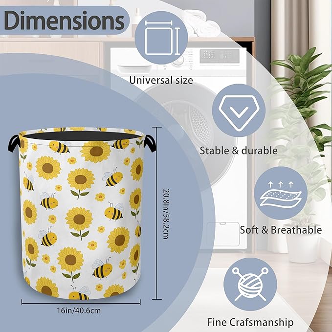 Cute Bee Laundry Basket,SunFlower Foldable with Handles Tote Bag Oxford Cloth for Bathroom Bedroom Dirty Clothes Storage Bucket 16" x 20.8"