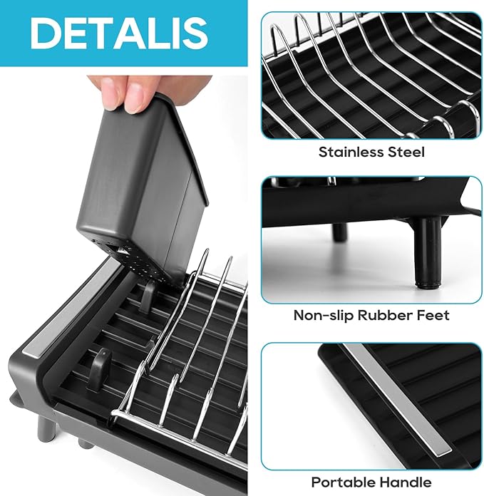 Small Expandable Dish Drying Rack – Compact & Space-Saving – No Spout, No Leaks – Durable, Rust Resistant & Easy to Clean – Ideal for Kitchens, Apartments & RVs – Extend 10.9 to 18.6 inches (Black)
