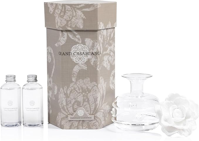 Zodax Grand Casablanca Porcelain Oil Diffuser - Home Fragrance Oil Diffuser Ideal for Living Room, Bathroom, Office - Flower Design - Gift Box Packaging Included - Tahitian Gardenia - 6.76 Oz.