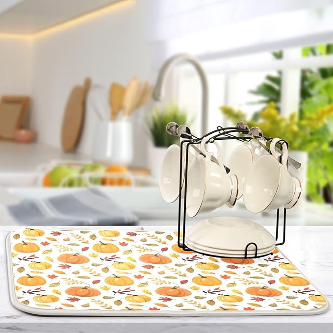 Fall Pumpkin Pattern Dish Drying Mat for Kitchen Countertop 16x18 Autumn Leaves Thanksgiving Day Small Drying Mat Reusable Quick Dry Dish Sink Mats Easy Clean Decorative Essentials